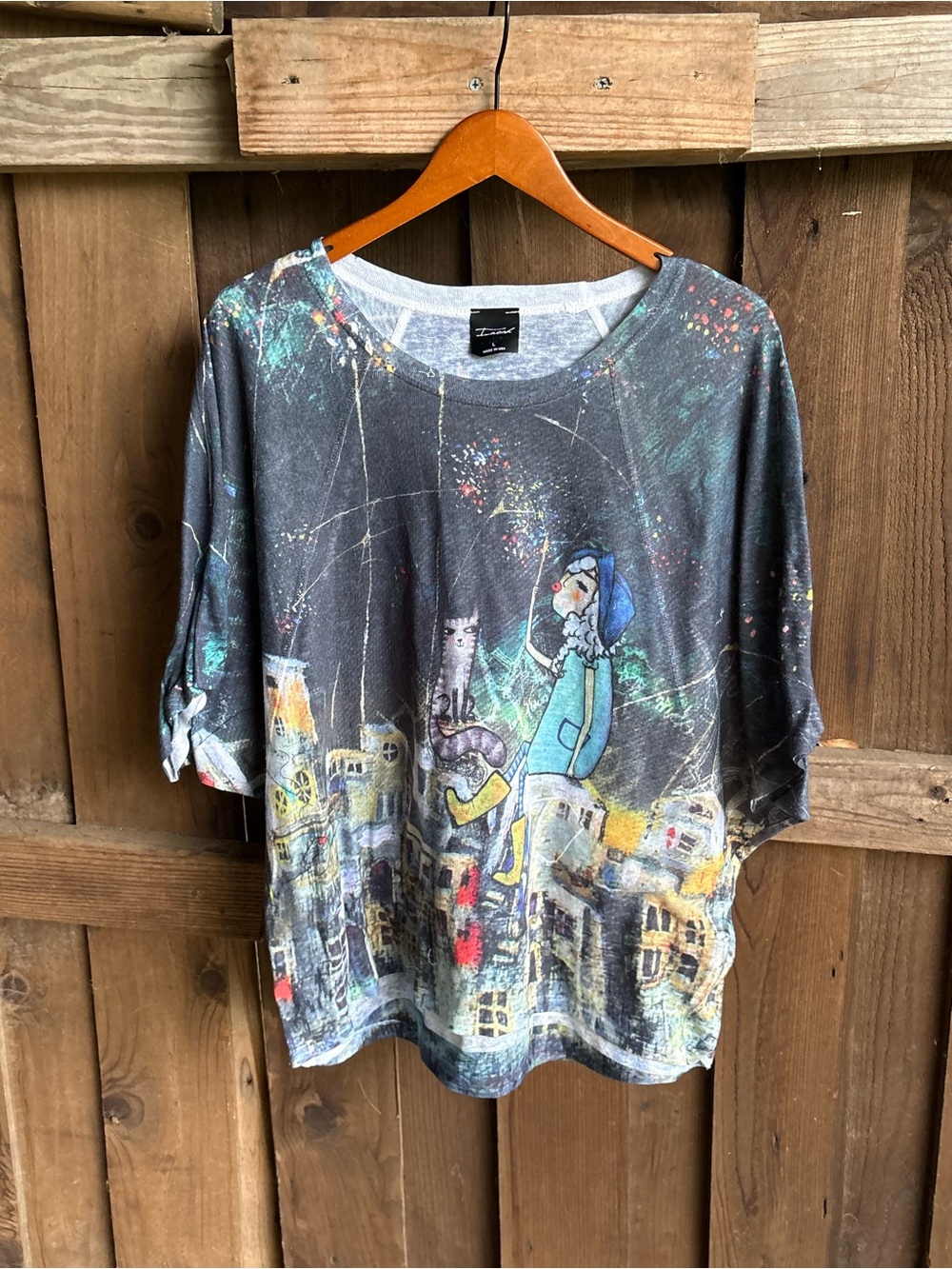 Inoah Wearable Art City Skyline Cat Lady Knit Top